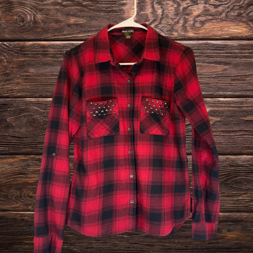 Vintage Wet Seal Buffalo Plaid Flannel Button Up Top‎ Medium Studded Pockets Y2K
